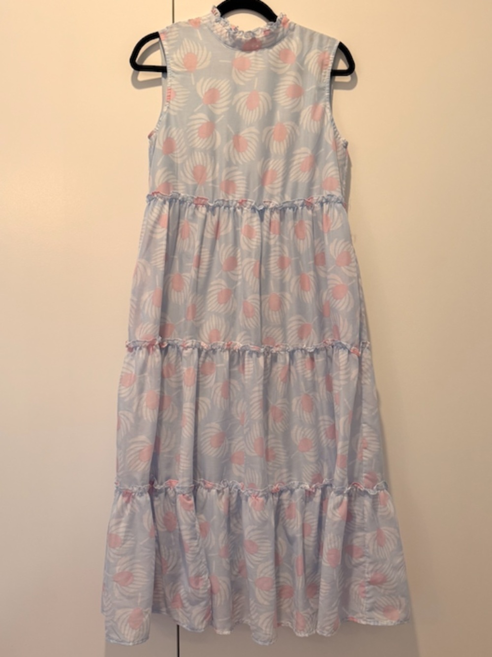 Marie Silk Blend Tiered Midi Dress Blue Pink Floral Tulip Print Size Small